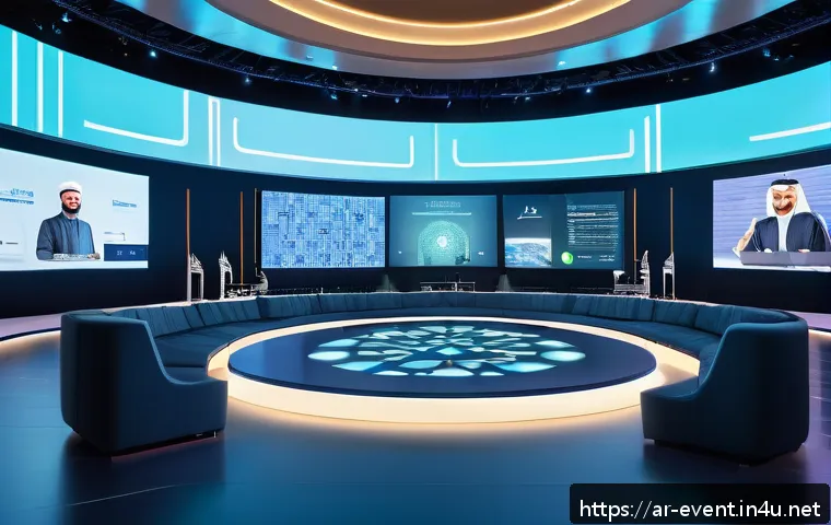이벤트기획 산업의 성장 가능성 - A futuristic digital event scene set in a large virtual conference hall designed with Middle Eastern...