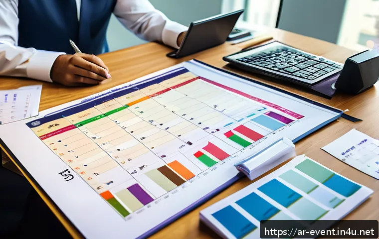 이벤트기획 예산 관리 노하우 - A professional event planning office scene focused on financial management, featuring a diverse Arab...