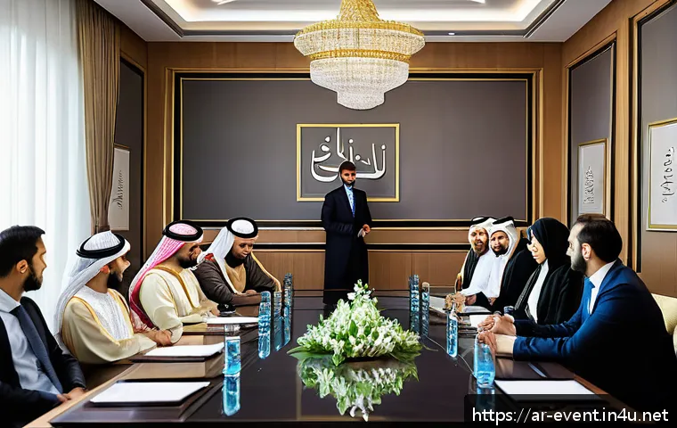 이벤트기획에서 중요한 소프트 스킬 - A professional event planning meeting in a modern conference room filled with diverse Arabic-speakin...